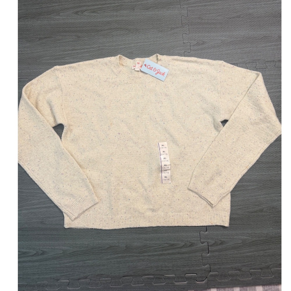 Cat & Jack Girls XL 14/16 Cream Confetti Shimmer Knit Pullover Sweater NWT